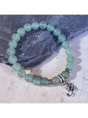 Om Aum Zen Mantra Mindfulness Green Aventurine Gemstone Stretch Bracelet